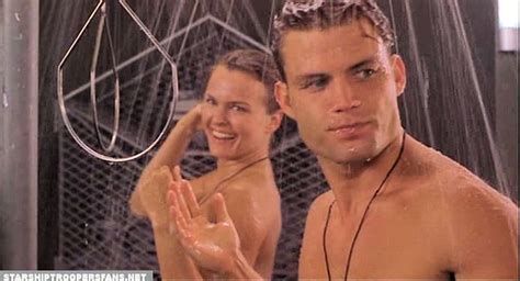 Starship Troopers (co-ed!) Also notable in that, unlike most shower scenes, it showed full frontal nudity as opposed to just back shots. Apparently there were quite a few guests on set the day the shower scene in American Psycho was filmed. Lara Croft Tomb Raider has two, male and female. 